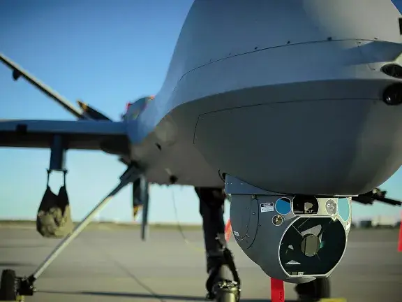 Close-up of airborne drone equipped with ITS stabilization platform for advanced sensor precision