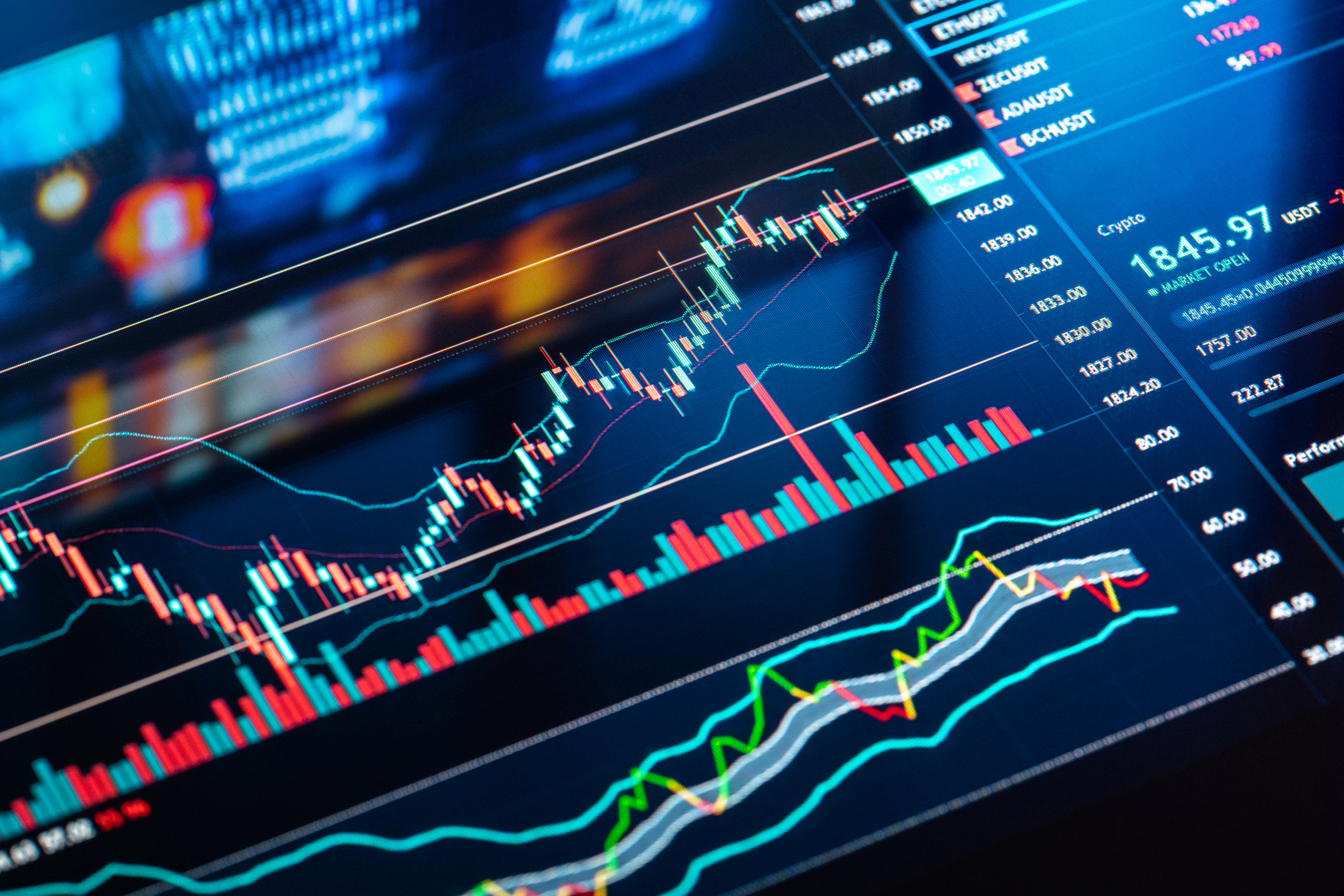 Close-up view of digital stock market charts and financial data displayed on a screen, showing growth trends and performance indicators.