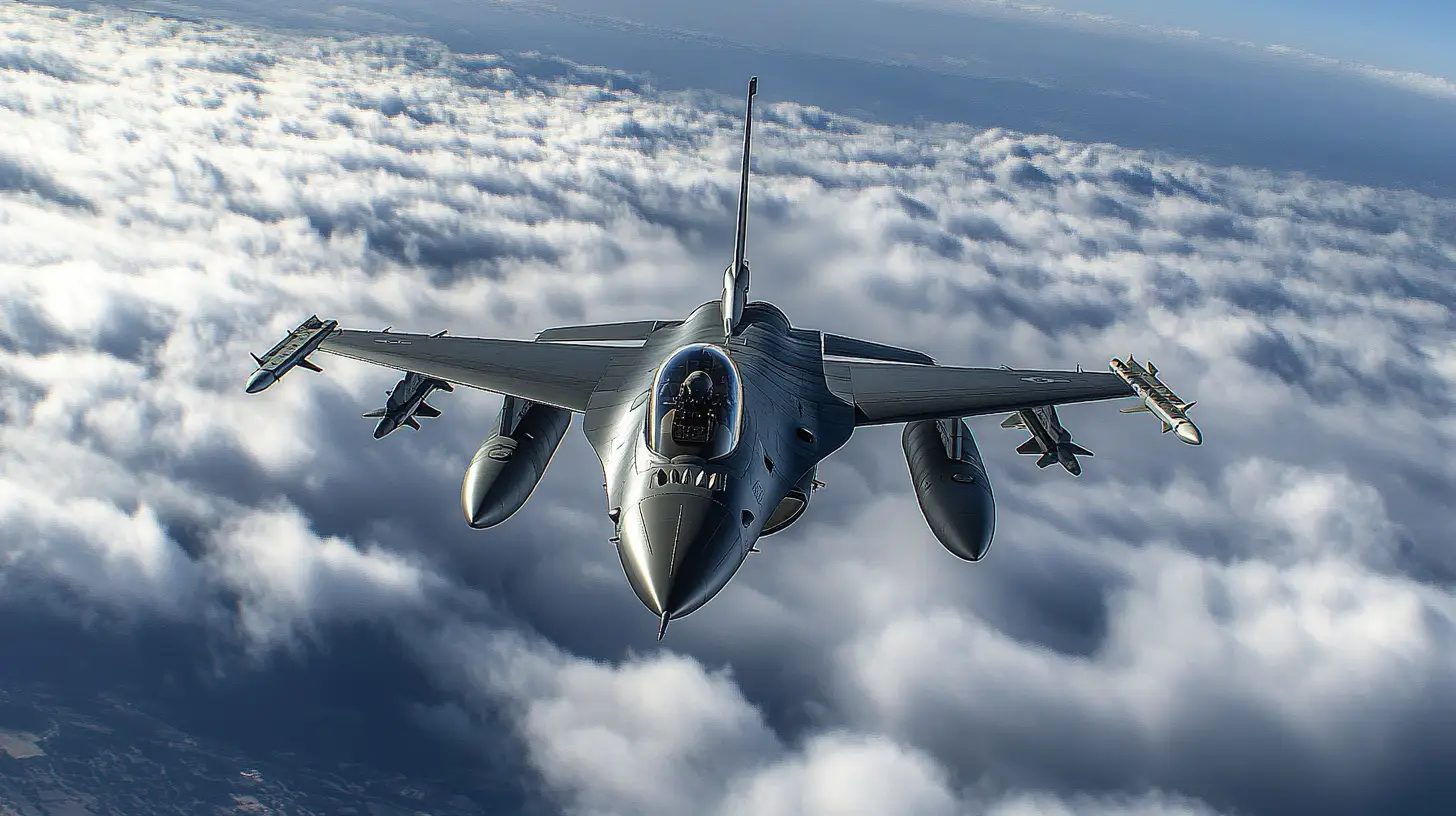 Front view of a modern fighter jet flying above the clouds, equipped with external fuel tanks and advanced weapon systems.