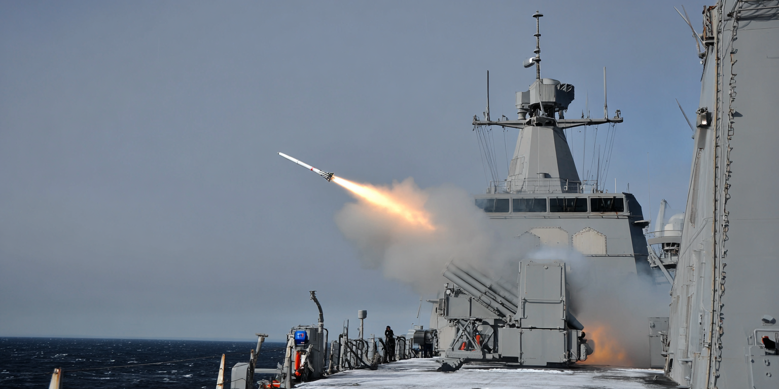 Naval warship launching a missile during live operation at sea