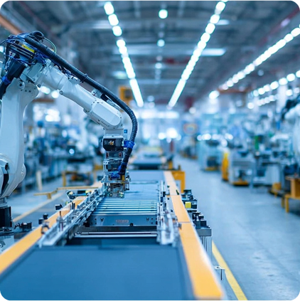 Industrial robotic arm operating on an automated production line inside an advanced defense manufacturing facility.